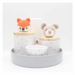 Raposa + Urso - Kit Higiene Poá - 5 peças - Bandeja Redonda