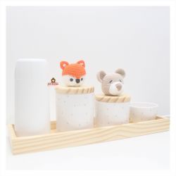 Raposa + Urso - Kit Higiene Poá - 5 peças - Bandeja Retangular Madeira