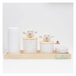 Ovelhas Menina - Kit Higiene Poá - 5 peças - Bandeja Madeira