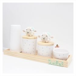 Ovelhas Menina - Kit Higiene Poá - 5 peças - Bandeja Madeira