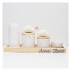 Nuvens - Kit Higiene Poá - 5 peças - Bandeja Madeira 