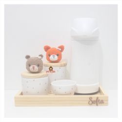 Esquilo + Raposa - Kit Higiene Poá - 5 peças - Bandeja Madeira  - Garrafa G